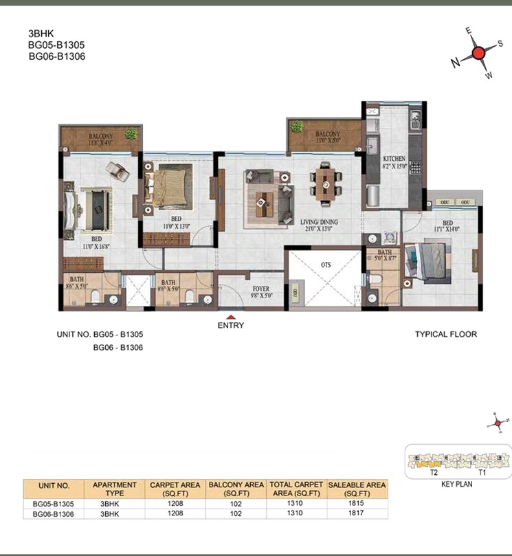 Floor Plan, casagrand-estancia 3 Bedroom 1800 Sq.Ft. Apartment In Thanisandra Main Road Bangalore 9309951