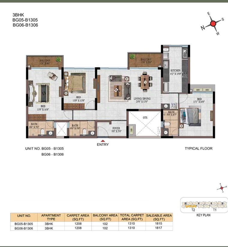 Floor Plan, casagrand-estancia 3 Bedroom 1800 Sq.Ft. Apartment In Thanisandra Main Road Bangalore 9309951