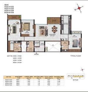 Floor Plan in 3 BHK Apartment at Casagrand Estancia, Thanisandra Main Road – for Sale