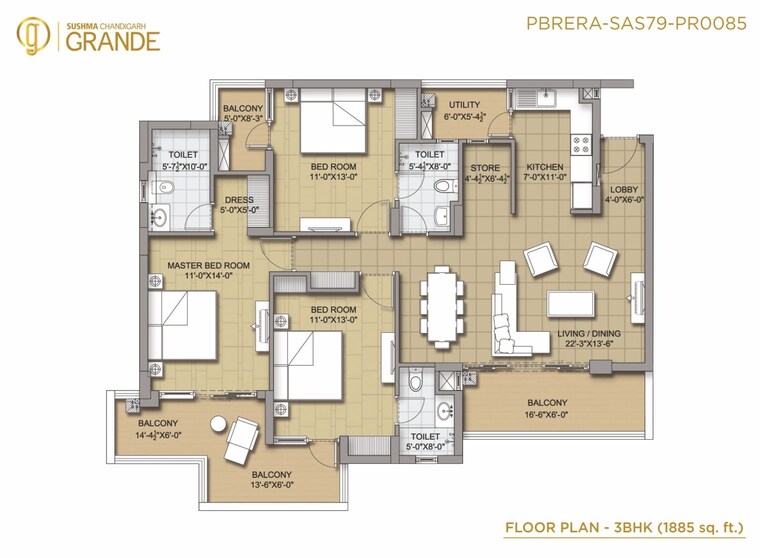 Floor Plan, sushma-chandigarh-grande 3 Bedroom 1850 Sq.Ft. Apartment In Lohgarh Zirakpur 9312251