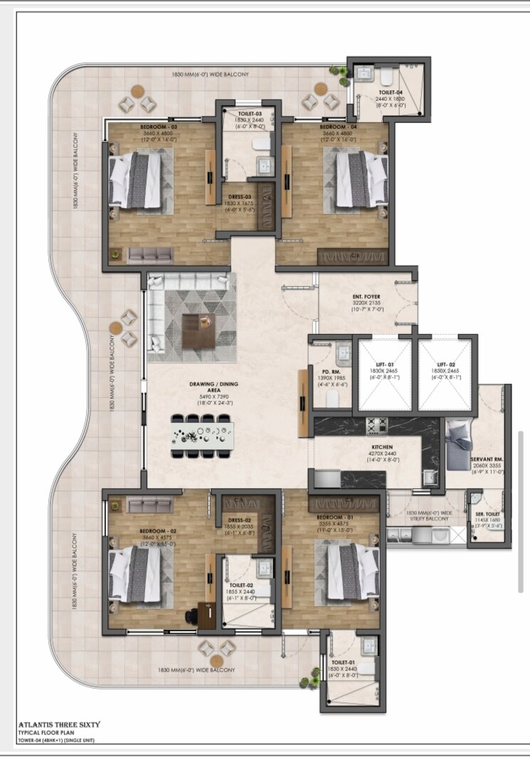 Floor Plan, international airport road 4 Bedroom 2600 Sq.Ft. Apartment In International Airport Road Zirakpur 9312789