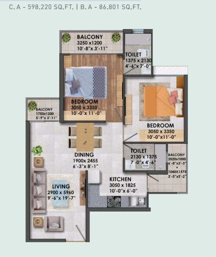 Floor Plan, signature-global-proxima 2 Bedroom 674 Sq.Ft. Apartment In Sector 89 Gurgaon 9313881