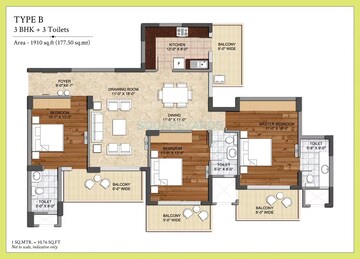 Floor Plan in 3 BHK Apartment at The Center Court Sports Residences, Sector 88a – for Sale