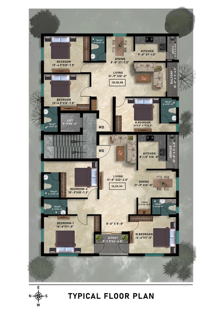 Floor Plan, virugambakkam 3 Bedroom 1421 Sq.Ft. Apartment In Virugambakkam Chennai 9318281