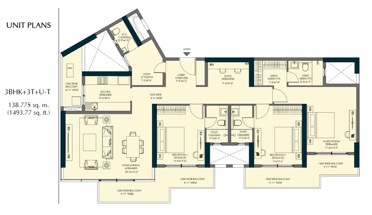 Floor Plan, emaar-elite-oasis 3 Bedroom 1494 Sq.Ft. Apartment In Gomti Nagar Lucknow 9322853