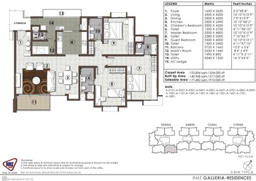 Floor Plan in 3 BHK Apartment at RMZ Galleria, Yelahanka – for Rent