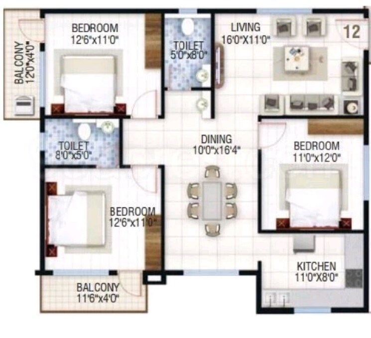 Floor Plan, vivek-sanskaar 3 Bedroom 1425 Sq.Ft. Apartment In Whitefield Road Bangalore 8194115