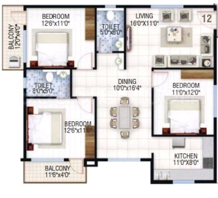 Floor Plan, vivek-sanskaar 3 Bedroom 1425 Sq.Ft. Apartment In Whitefield Road Bangalore 8194115