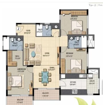 Floor Plan in 3 BHK Apartment at Prestige Sunnyside, Bhoganhalli – for Rent