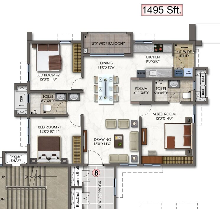 Floor Plan, aparna-sarovar-zicon 2.5 Bedroom 1495 Sq.Ft. Apartment In Nallagandla Hyderabad 9331636