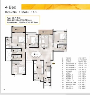 Floor Plan in 4 BHK Apartment at Avalon Park At The Prestige City, Sarjapur Road – for Rent