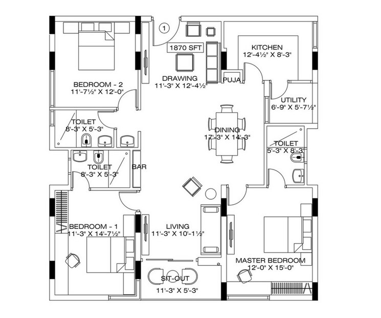 Floor Plan, manbhum-around-the-grove 3 Bedroom 1870 Sq.Ft. Apartment In Financial District Hyderabad 9336299