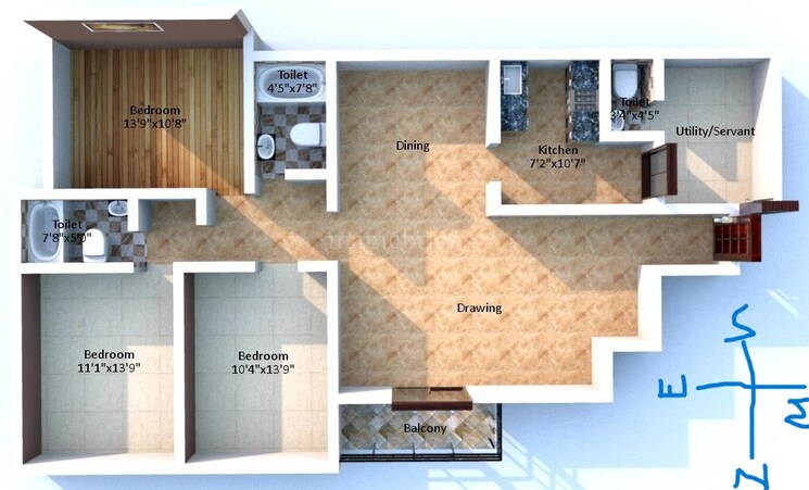 Floor Plan, lake-town-block-a 3 Bedroom 1800 Sq.Ft. Apartment In Lake Town Kolkata 9346469