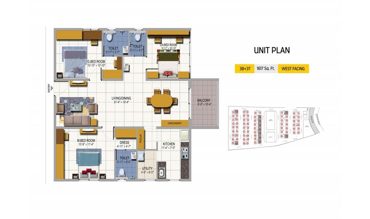 Floor Plan, urbanrise-on-cloud-33 3 Bedroom 1617 Sq.Ft. Apartment In Bachupally Hyderabad 9349590