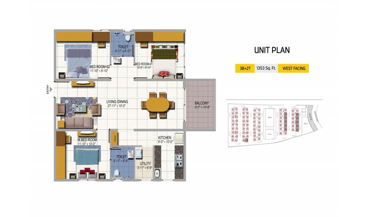 Floor Plan, urbanrise-on-cloud-33 3 Bedroom 1617 Sq.Ft. Apartment In Bachupally Hyderabad 9349590