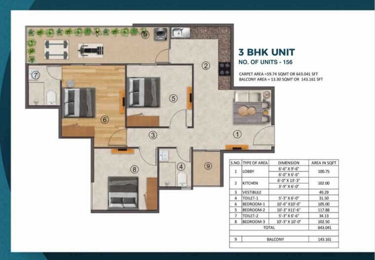 Floor Plan, rof-aalayas-phase-2 3 Bedroom 864 Sq.Ft. Apartment In Sector 102 Gurgaon 9355670