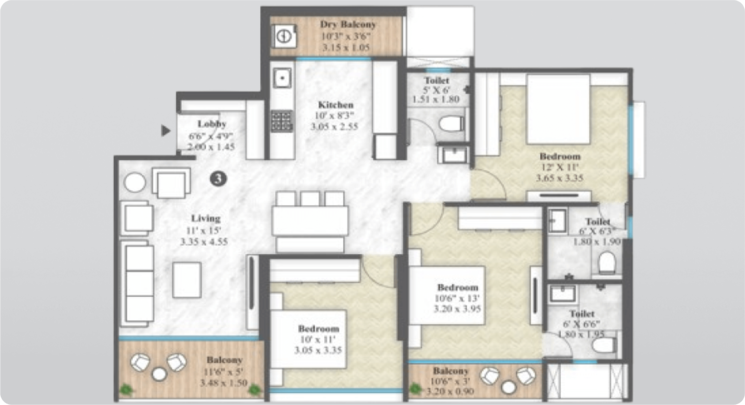 Floor Plan, mantra-magnus 3 Bedroom 1358 Sq.Ft. Apartment In Mundhwa Pune 9361130