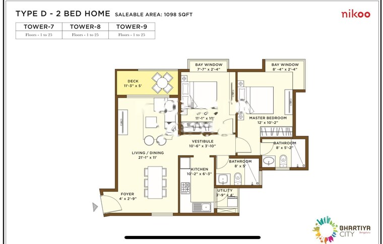 Floor Plan, bhartiya-nikoo-homes 2 Bedroom 811 Sq.Ft. Apartment In Thanisandra Main Road Bangalore 9372462