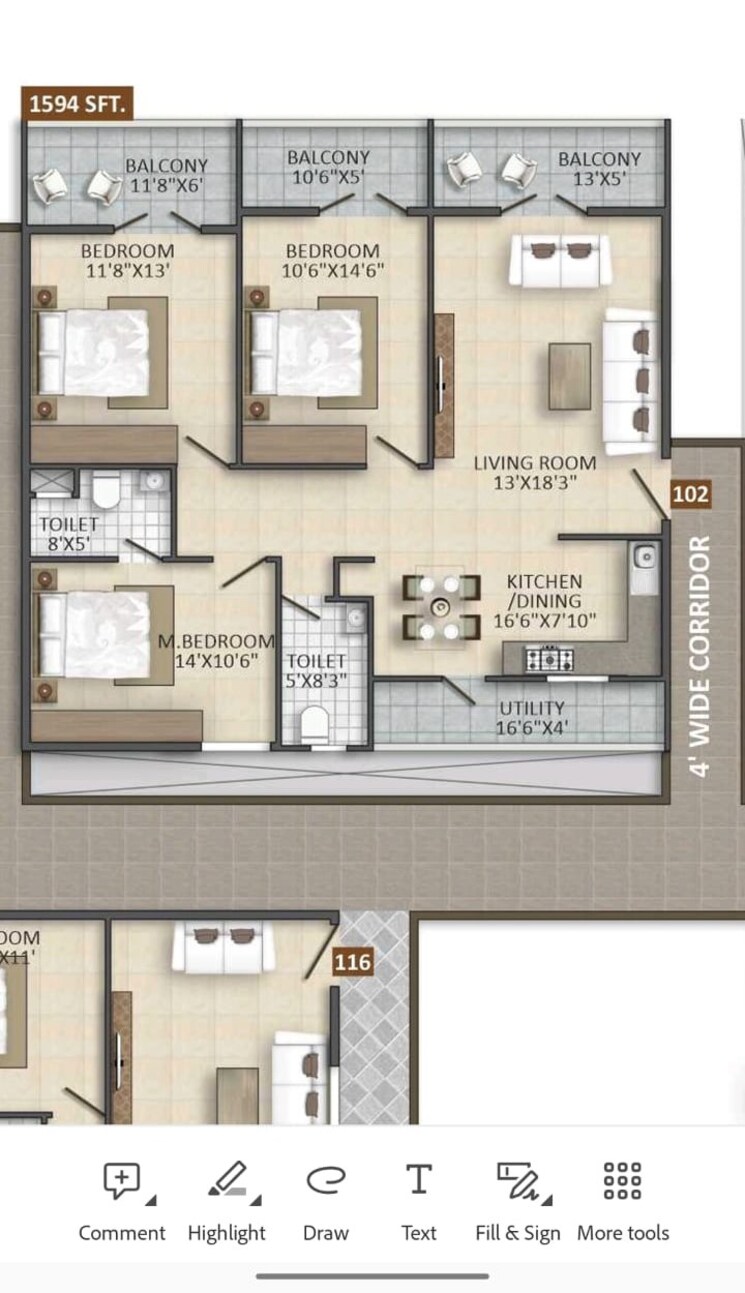 Floor Plan, yuva-blue-meadows 3 Bedroom 1594 Sq.Ft. Apartment In Varthur Bangalore 9373968