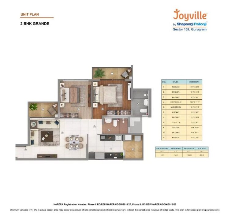 Floor Plan, shapoorji-pallonji-joyville-phase-3 2 Bedroom 915 Sq.Ft. Apartment In Sector 102 Gurgaon 9348030