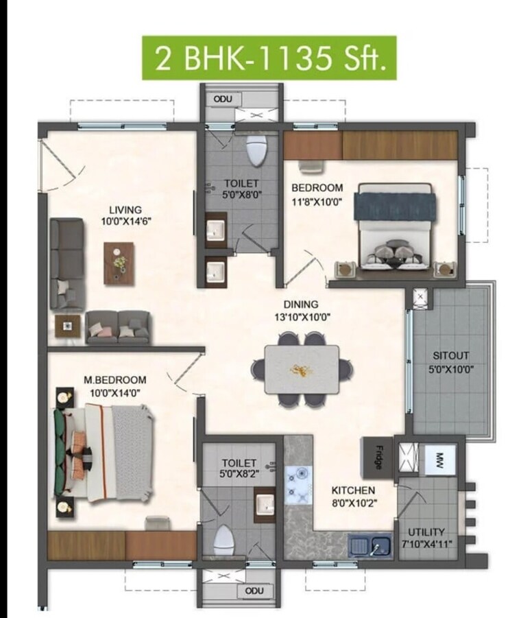 Floor Plan, pavani-mirabilia 2 Bedroom 1135 Sq.Ft. Apartment In Whitefield Bangalore 9379548