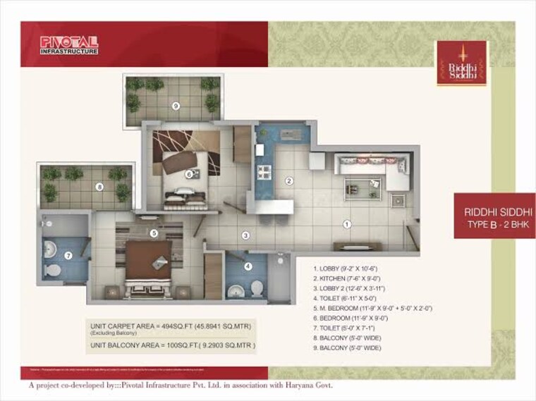 Floor Plan, pivotal-riddhi-siddhi 2 Bedroom 587 Sq.Ft. Apartment In Sector 99 Gurgaon 9382596