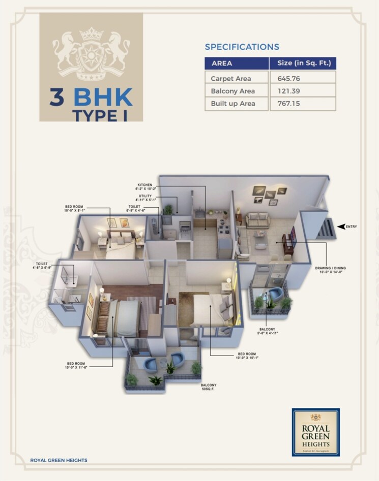 Floor Plan, royal-green-heights 3 Bedroom 710 Sq.Ft. Apartment In Sector 62 Gurgaon 9383583