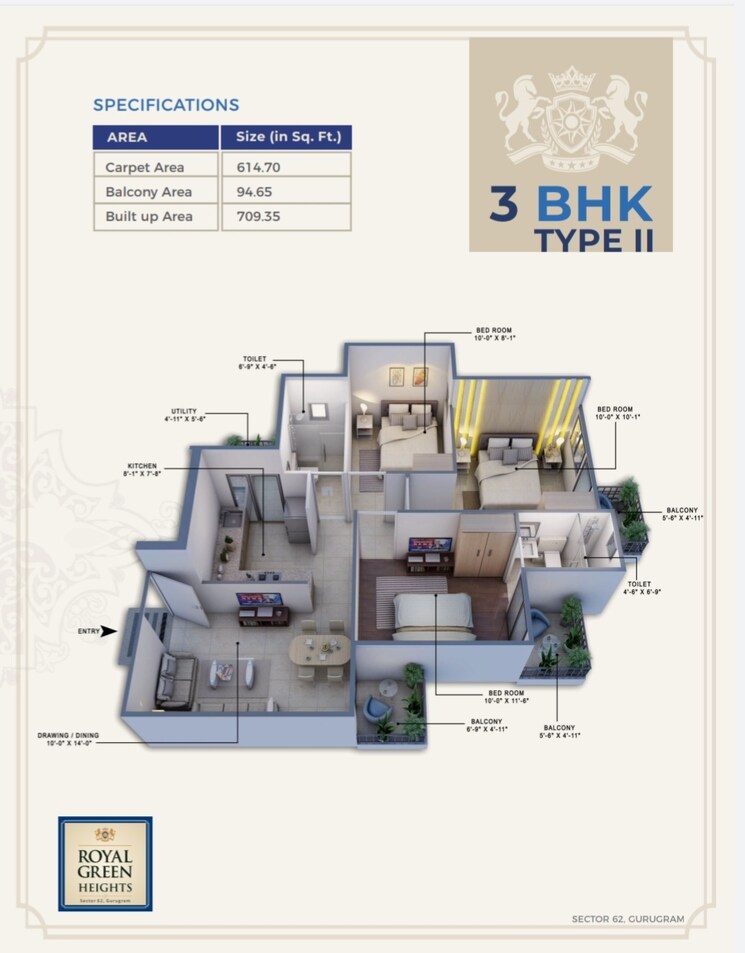 Floor Plan, royal-green-heights 3 Bedroom 710 Sq.Ft. Apartment In Sector 62 Gurgaon 9383583
