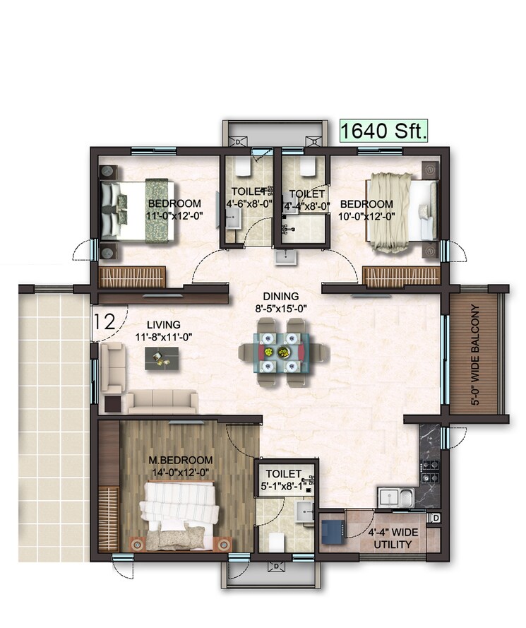 Floor Plan, gem-nakshatra 3 Bedroom 1640 Sq.Ft. Apartment In Kokapet Hyderabad 9387115