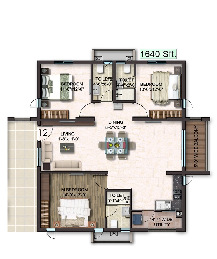 Floor Plan, gem-nakshatra 3 Bedroom 1640 Sq.Ft. Apartment In Kokapet Hyderabad 9387115