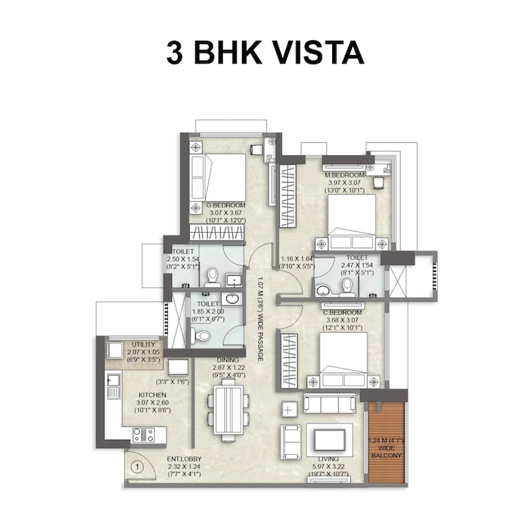 Floor Plan, kalpataru-vienta 3 Bedroom 1018 Sq.Ft. Apartment In Kandivali East Mumbai 9387451