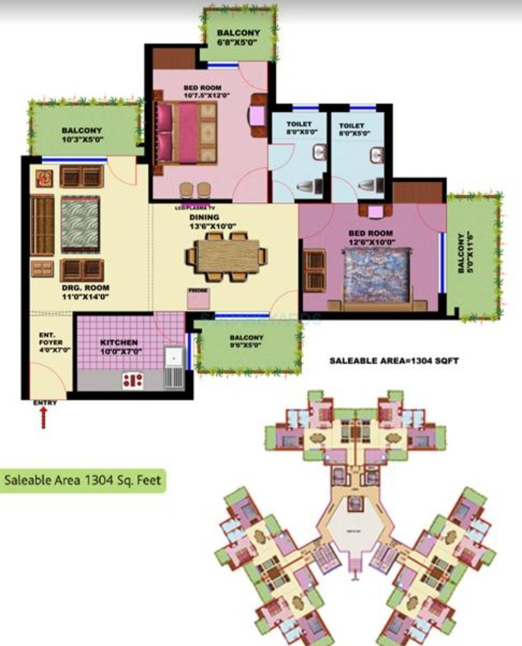 Floor Plan, srs-residency 2 Bedroom 1304 Sq.Ft. Apartment In Sector 88 Faridabad 9390062