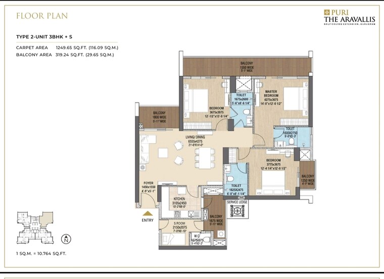 Floor Plan, puri-the-aravallis 3 Bedroom 2250 Sq.Ft. Apartment In Sector 61 Gurgaon 9399570