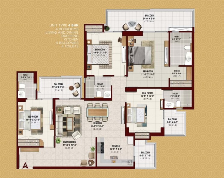 Floor Plan, noida extension 4 Bedroom 1990 Sq.Ft. Apartment In Noida Extension Greater Noida 9407244