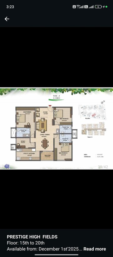 Floor Plan in 3.5 BHK Apartment at Prestige High Fields, Gachibowli – for Rent