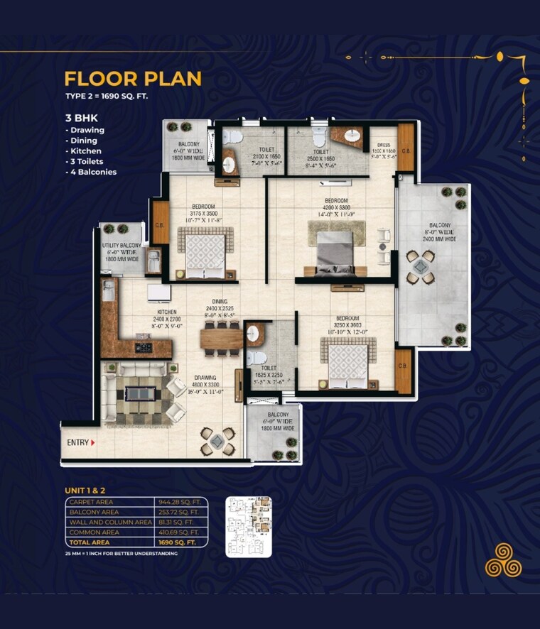 Floor Plan, noida extension 3 Bedroom 1690 Sq.Ft. Apartment In Noida Extension Greater Noida 9412869