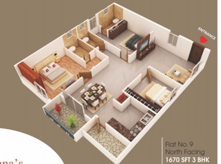 Floor Plan, bachupally 3 Bedroom 1620 Sq.Ft. Apartment In Bachupally Hyderabad 9413675