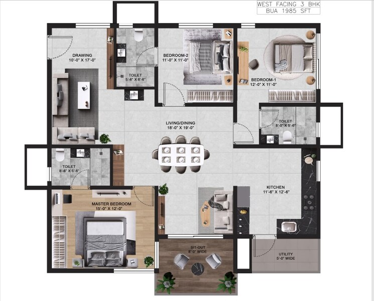 Floor Plan, vian-mrida 2 Bedroom 1420 Sq.Ft. Apartment In Kollur Hyderabad 9424700