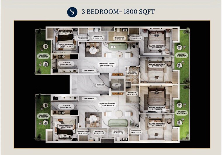 Floor Plan, dhakoli 3 Bedroom 2400 Sq.Ft. Apartment In Dhakoli Zirakpur 9429468