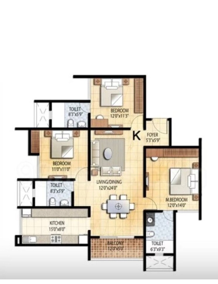 Floor Plan, prestige-falcon-city 3 Bedroom 1588 Sq.Ft. Apartment In Konanakunte Bangalore 9432271