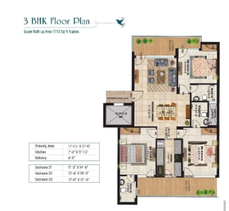 Floor Plan, old ambala road 3 Bedroom 1872 Sq.Ft. Apartment In Old Ambala Road Panchkula 9436323