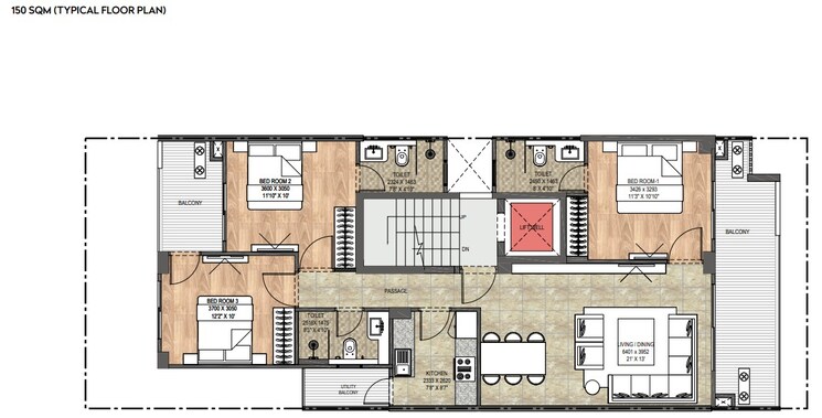 Floor Plan, dlf-gardencity-enclave 3 Bedroom 1614 Sq.Ft. Apartment In Sector 93 Gurgaon 9456179