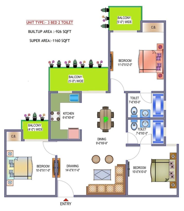 Floor Plan, saviour-green-arch 3 Bedroom 1160 Sq.Ft. Apartment In Tech Zone 4 Greater Noida Greater Noida 9456914