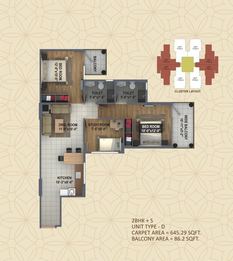 Floor Plan, rof-ananda 2.5 Bedroom 734 Sq.Ft. Apartment In Sector 95 Gurgaon 9460374