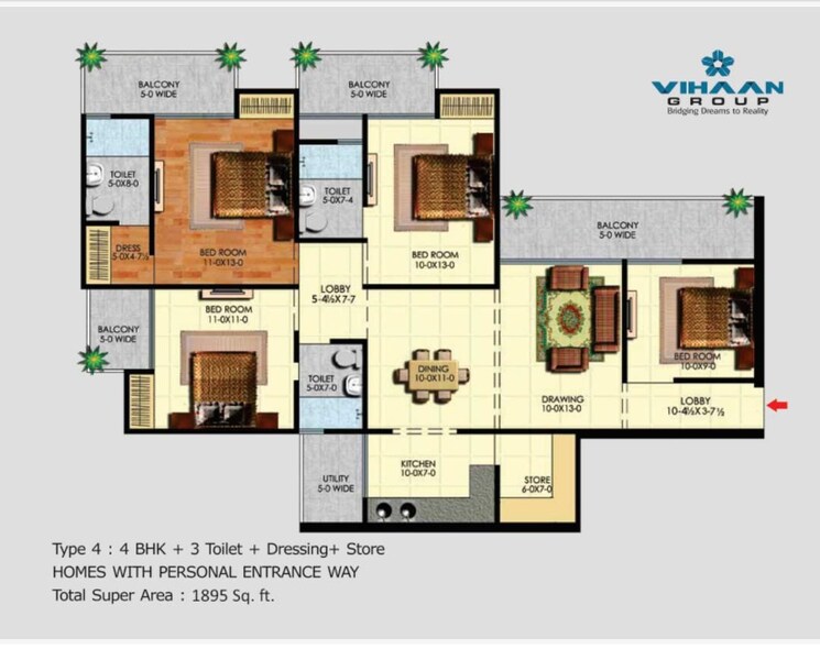 Floor Plan, vihaan-greens 4 Bedroom 1895 Sq.Ft. Apartment In Sector 1 Greater Noida Greater Noida 9469328