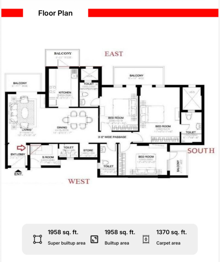 Floor Plan, dlf-express-greens 3.5 Bedroom 1958 Sq.Ft. Apartment In Manesar Sector 1a Gurgaon 9471388