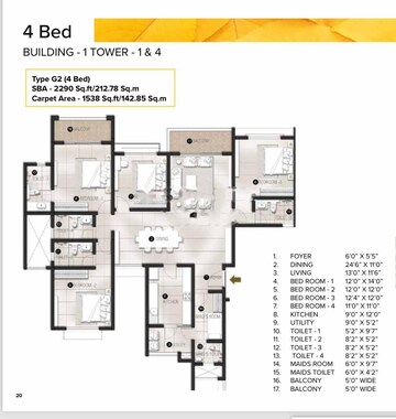 Floor Plan in 4 BHK Apartment at Avalon Park At The Prestige City, Sarjapur Road – for Rent