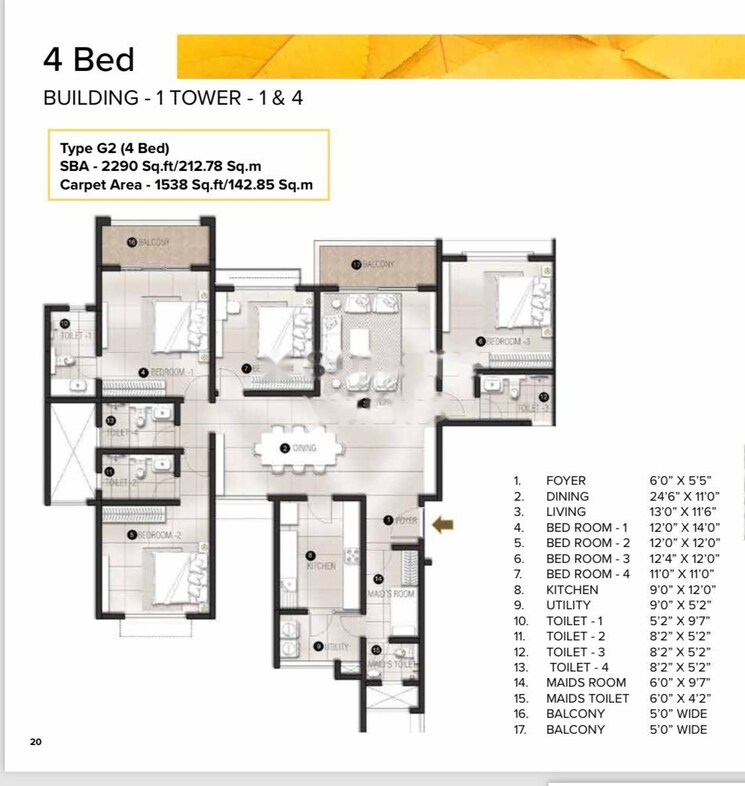 Floor Plan, avalon-park-at-the-prestige-city 4 Bedroom 1603 Sq.Ft. Apartment In Sarjapur Road Bangalore 9490094