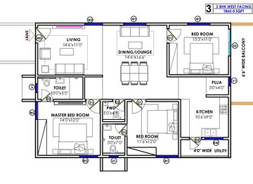 Floor Plan in 3 BHK Apartment at Hafeezpet – for Sale