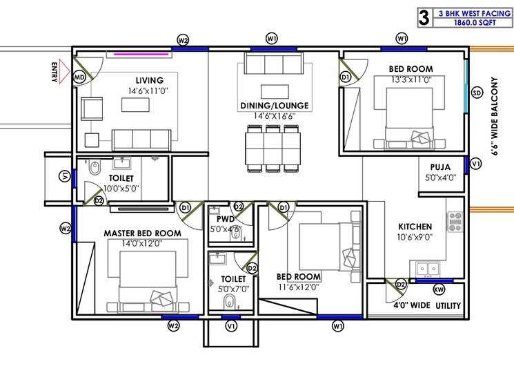 Floor Plan, hafeezpet 3 Bedroom 1860 Sq.Ft. Apartment In Hafeezpet Hyderabad 9506337
